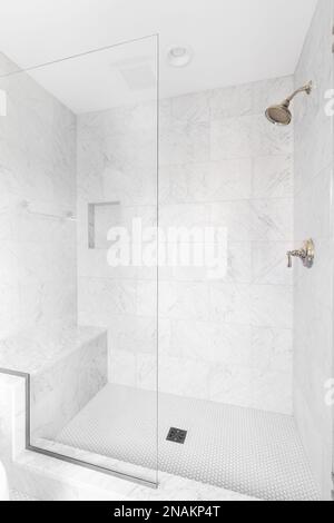 Une douche avec des carreaux de marbre, un robinet en or, et de petits carreaux circulaires sur le sol. Banque D'Images