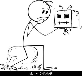 Personne ou Hamlet tenant la tête du robot ou crâne et pensée , bâton de dessin vectoriel Figure Illustration Illustration de Vecteur