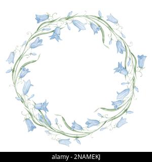 Couronne fleurie de fleurs en cloche. Cadre aquarelle rond dessiné à la main avec Bluebells sur un arrière-plan isolé. Toile de fond circulaire botanique avec fleurs sauvages dans des couleurs pastel pour les invitations de mariage. Banque D'Images