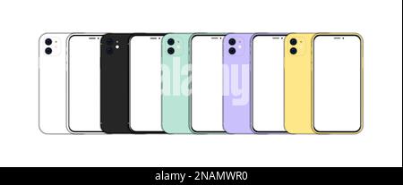 Grand ensemble de différents smartphones avec écran vide. Vue avant et arrière Illustration de Vecteur