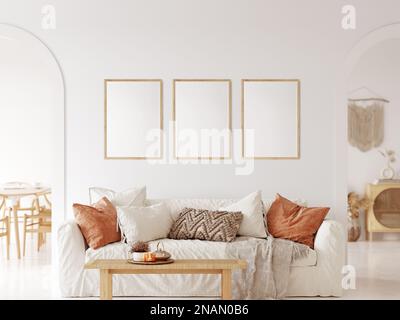 Cadre d'angle, intérieur d'angle et maquette d'affiche dans un intérieur de style Boho. Rendu intérieur 3D. Banque D'Images