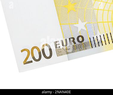 La partie du billet de banque européen sur fond blanc. Banque D'Images