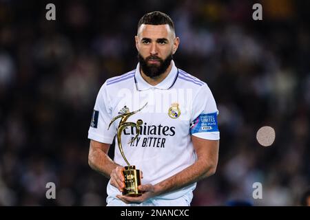 Rabat, Maroc. 11th févr. 2023. Prince Moulay Abdellah Rabat, Maroc - 11 février: Karim Benzema du Real Madrid pose pour des photos avec le trophée FIFA Fair Play Award lors de la coupe du monde du Club FIFA Maroc 2022 finale match entre Real Madrid et Al Hilal au Prince Moulay Abdellah sur 11 février 2023 à Rabat, Maroc. (Photo de Marcio Machado/Eurasia Sport Images) (Eurasia Sport Images/SPP) Credit: SPP Sport Press photo. /Alamy Live News Banque D'Images