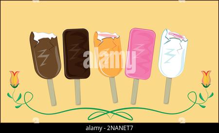 Bonbons. Beaucoup de crème glacée remplit l'arrière-plan. Une délicieuse crème glacée au choix. Illustration de Vecteur