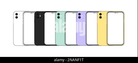 Grand ensemble de différents smartphones avec écran vide. Vue avant et arrière Illustration de Vecteur