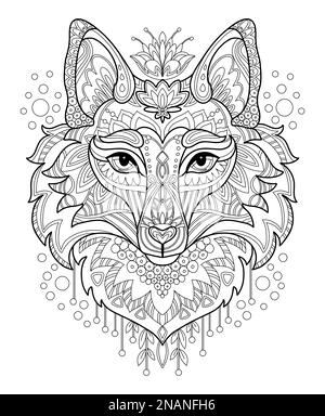 Tête stylisée de renard en gros plan. Illustration du vecteur de contour noir de l'esquisse dessinée à la main. Pour page de coloriage antistress pour adulte, impression, design, décor, T-shirt, Illustration de Vecteur