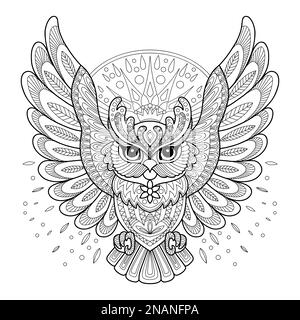 Hibou stylisé gros plan. Illustration du vecteur de contour noir de l'esquisse dessinée à la main. Pour page de coloriage antistress pour adulte, impression, design, décor, T-shirt, emblème, Illustration de Vecteur