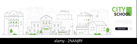 École de ville - bannière vectorielle moderne de style conception de ligne fine Illustration de Vecteur