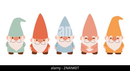 Ensemble de jolis gnomes de jardin. Isolé sur un fond blanc. Illustration vectorielle plate EPS10. Illustration de Vecteur