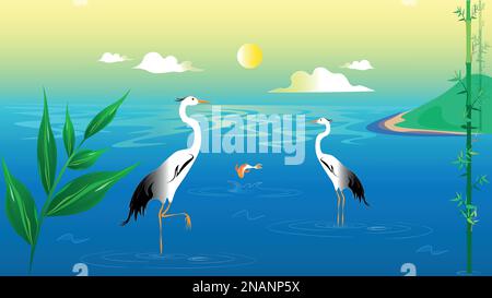Un paysage océanique avec des hérons nobles sur fond de soleil doré. heure de printemps Illustration de Vecteur
