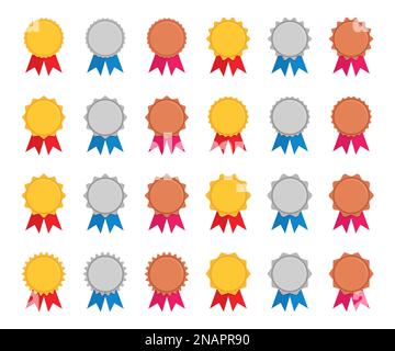 Grand ensemble de médailles avec ruban dans un motif plat. Collection de médailles d'or, d'argent et de bronze Illustration de Vecteur