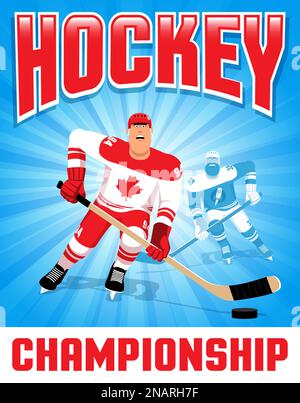 Joueur de hockey avec rondelle sur affiche de hockey Illustration de Vecteur
