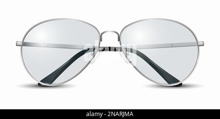 Lunettes Vector 3D Realistic Modern Unisex Frame. Cadre gris argenté en métal. Lunettes de soleil transparentes pour femmes et hommes, accessoire. Optique, objectif Illustration de Vecteur