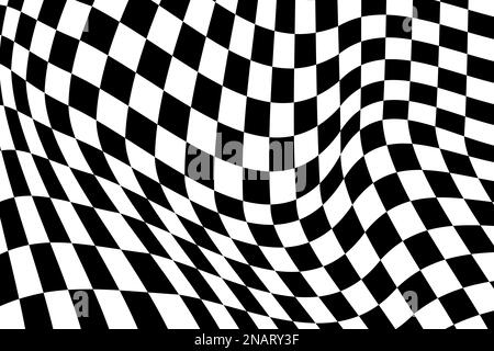 Motif psychédélique avec carrés noirs et blancs déformés. Texture déformée de l'indicateur de course. Illusion optique à carreaux. Fond de tableau d'échecs ondulé. Trippy Illustration de Vecteur