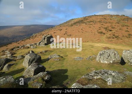 Vue vers Chinkwell tor depuis Bell Tor, près de Widecombe, Dartmoor, Angleterre, Royaume-Uni Banque D'Images