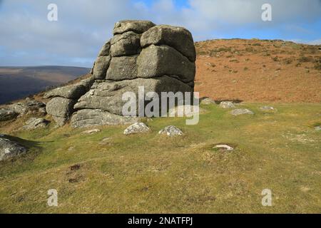 Vue vers Chinkwell tor depuis Bell Tor, près de Widecombe, Dartmoor, Angleterre, Royaume-Uni Banque D'Images