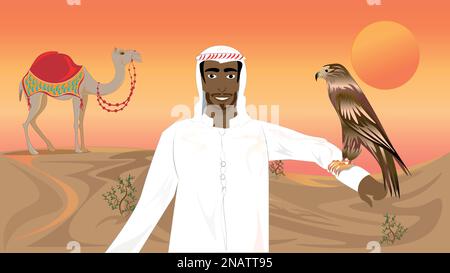 magnifique désert de sable doré. Le soleil chaud peint le ciel dans les couleurs vives du coucher du soleil. Un homme arabe tient un aigle sur son bras. Illustration de Vecteur