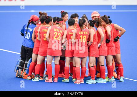 Sydney, Australie. 13th févr. 2023. L'équipe nationale féminine de hockey sur gazon de la Chine a été vue lors du match de la Ligue Pro Australie contre Chine de la Fédération internationale de hockey qui s'est tenu au centre de hockey du parc olympique de Sydney. Crédit : SOPA Images Limited/Alamy Live News Banque D'Images