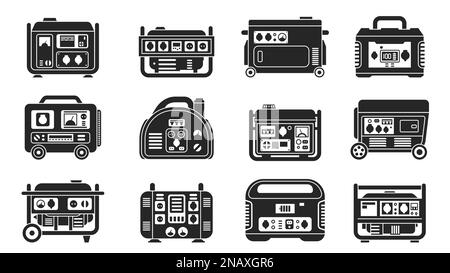 Icône de générateur noire. Alternateur de secours diesel à essence mobile, équipement d'énergie d'urgence portable générant de l'énergie électrique. Monochrome vectoriel Illustration de Vecteur