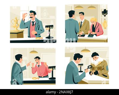 Vendre et acheter dans la boutique de prêt-à-payer. Pawnbroker jeweler arguent avec le client, vitrine de magasin de bijoux avec des choses précieuses coûteuses style de dessin animé. Ensemble de vecteurs Illustration de Vecteur