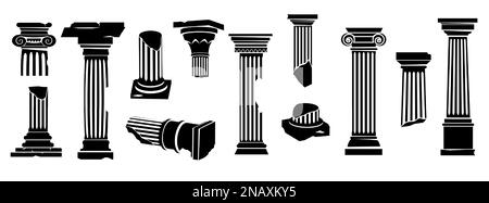 Silhouette ancienne des colonnes grecques. Éléments de construction architecturaux romains classiques noirs, piliers anciens monochromes et socles de style plat. Vecteur Illustration de Vecteur