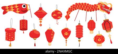 Lanterne chinoise traditionnelle. Lampes en papier asiatiques de dessin animé avec pampille pour la fête du nouvel an, festival oriental décoration de rue de forme différente Illustration de Vecteur