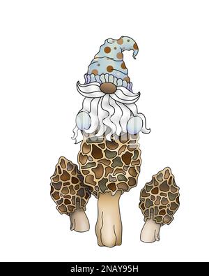 Illustration d'un joli gnome barbu assis sur un champignon éponge. Arrière-plan blanc. Banque D'Images