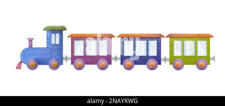 Illustration aquarelle d'un ensemble de train en bois d'enfant isolé sur fond blanc. Chambre bébé, décoration pour enfants. Matériaux écologiques jouets pour enfants. Banque D'Images