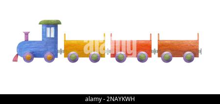 Illustration aquarelle d'un ensemble de train en bois d'enfant isolé sur fond blanc. Chambre bébé, décoration pour enfants. Matériaux écologiques jouets pour enfants. Banque D'Images