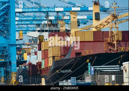 Abu Dhabi, Émirats arabes Unis. 23 juin 2019 conteneurs d'expédition déchargés d'un navire à conteneurs dans le port de Khalifa, Abou Dhabi, Émir arabe Uni Banque D'Images