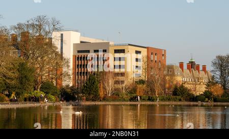 Vue sur les bâtiments de l'infirmerie royale de Victoria ou de l'hôpital RVI de l'autre côté du lac, à Leazes Park, Newcastle upon Tyne, au Royaume-Uni, en plein soleil. Banque D'Images