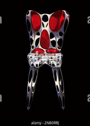 Vue de face d'une chaise métallique de style art déco avec coussins rouges transparents. La chaise est constituée de trous organiques. 3d généré illu Banque D'Images