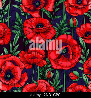 motif vectoriel sans couture pour les coquelicots rouges écartés Banque D'Images