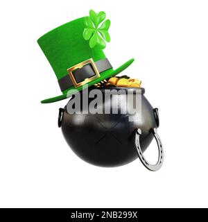 St. Patrick's Day pot d'or avec chapeau vert et chaussure de cheval isolée sur fond blanc. 3d rendu Banque D'Images