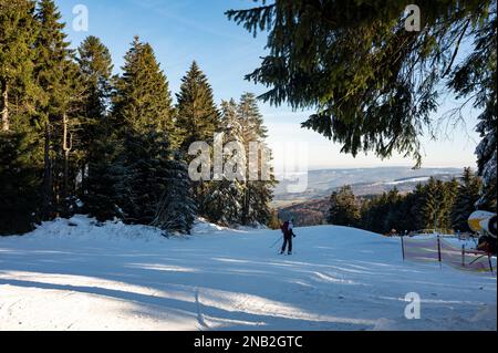 Piste de ski sur la Wasserkuppe avec skieurs, canons à neige sur le côté et ciel bleu et arbres Banque D'Images