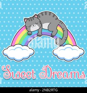 Carte pour bébé Vector avec doux rêves. Un joli chat dort sur un arc-en-ciel. Illustration de Vecteur