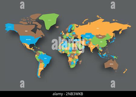 Carte politique du monde en quatre couleurs de pays et d'étiquettes nationaux. Ombre portée sur fond gris foncé. Illustration vectorielle. Illustration de Vecteur