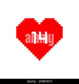 Icône de coeur de pixel de Saint-Valentin avec le numéro 14. Isolé sur le signe vectoriel de fond blanc Illustration de Vecteur
