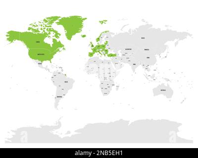 Organisation du Traité de l'Atlantique Nord, OTAN, pays membres mis en évidence par le vert sur la carte politique mondiale. 29 Etats membres depuis juin 2017. Illustration de Vecteur