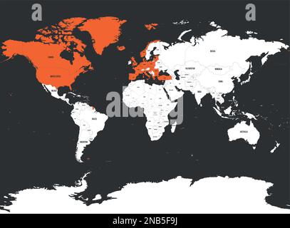 Organisation du Traité de l'Atlantique Nord, OTAN, pays membres mis en évidence par l'orange sur la carte politique mondiale. 29 Etats membres depuis juin 2017. Illustration de Vecteur