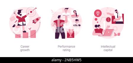 Ensemble d'illustrations vectorielles abstraites de concept d'efficacité des employés. Évolution de carrière, notation des performances, capital intellectuel, défi et réussite de l'entreprise, métaphore abstraite du système de notation des postes. Illustration de Vecteur