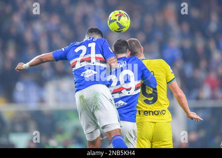 Stade Luigi Ferraris, Gênes, Italie, 13 février 2023, Jeison Fabian Murillo (Sampdoria) - Nicola Murru (Sampdoria) - Edin Džeko (Inter) pendant UC Sampdoria vs Inter - FC Internazionale - italien soccer Serie A match Banque D'Images