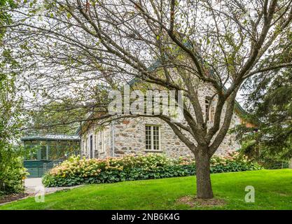 Arrière de l'ancienne maison en pierre de champ de style chalet Canadiana de 1826 avec toit en tôle de couture debout verte, solarium et arbustes Hydrangea, plantes Hosta. Banque D'Images