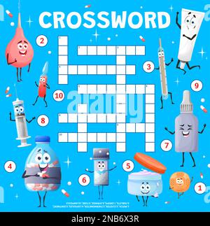 Feuille de travail de grille de mots croisés pour les instruments médicaux de dessin animé, les pilules, les onguents. Trouvez un jeu de quiz. Quiz vectoriel avec cute patch, clyster, thermomètre et comprimé, gouttes, seringue, les personnages des tubes et des capsules Illustration de Vecteur