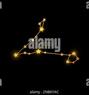 Constellation du zodiaque doré des poissons, signe mystique dans l'espace, étoiles magiques cosmiques ou planètes dans le ciel nocturne noir. Vecteur astrologie horoscope symbole dans la galaxie Illustration de Vecteur