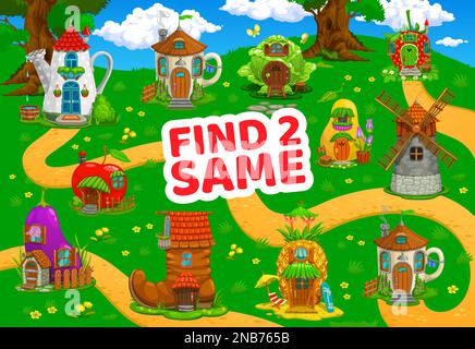 Trouvez deux bâtiments de la même maison de conte de fées de dessin animé. Vector enfants jeu feuille de travail recherche semblable fantasy habitation arroser peut, aubergine, pomme ou teacup. Ananas, poire, chou, moulin à vent et fraise Illustration de Vecteur