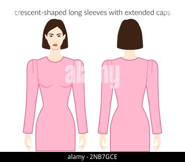 Manches longues en forme de Crescent vêtements caractère belle dame en rose haut, chemise, robe technique mode illustration avec corps ajusté. Modèle de vêtement plat. Femmes, hommes unisex CAD maquette Illustration de Vecteur