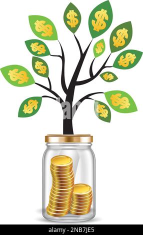 Plante poussant à partir de pièces de monnaie dans un pot en verre isolé sur fond blanc. Concept d'investissement et d'intérêt Illustration de Vecteur