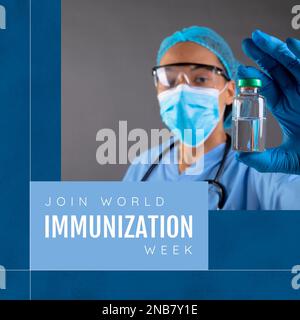 Composition du texte de la semaine mondiale de vaccination sur la femme biraciale médecin tenant le vaccin. Semaine mondiale de la vaccination et concept de santé numériquement gène Banque D'Images