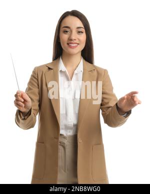 Professeur de musique avec bâton sur fond blanc Banque D'Images